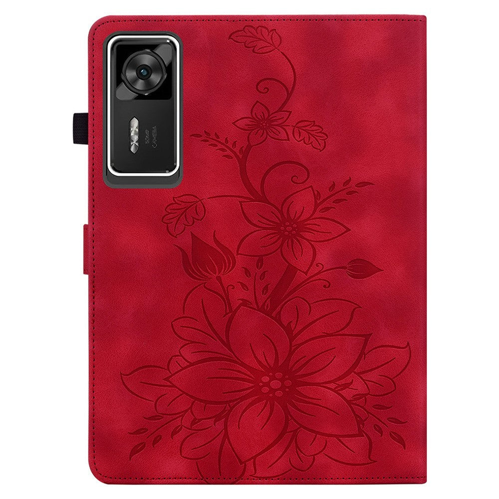 For Lenovo Legion Y700 Gen 4 Case Lily Flower Imprint Card Slots Leather Tablet Cover - Red