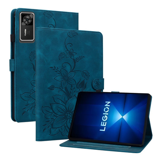 For Lenovo Legion Y700 Gen 4 Case Lily Flower Imprint Card Slots Leather Tablet Cover - Blue