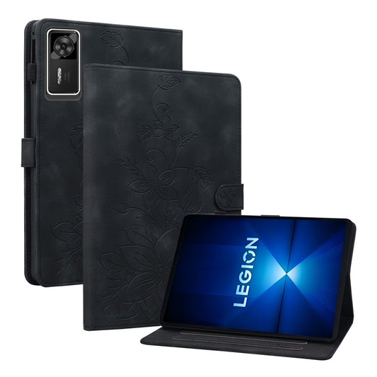 For Lenovo Legion Y700 Gen 4 Case Lily Flower Imprint Card Slots Leather Tablet Cover - Black