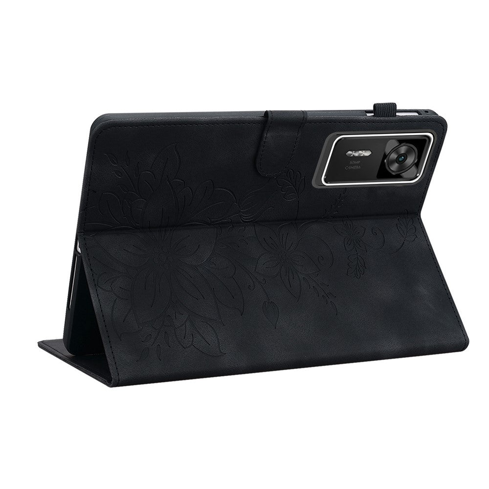 For Lenovo Legion Y700 Gen 4 Case Lily Flower Imprint Card Slots Leather Tablet Cover - Black