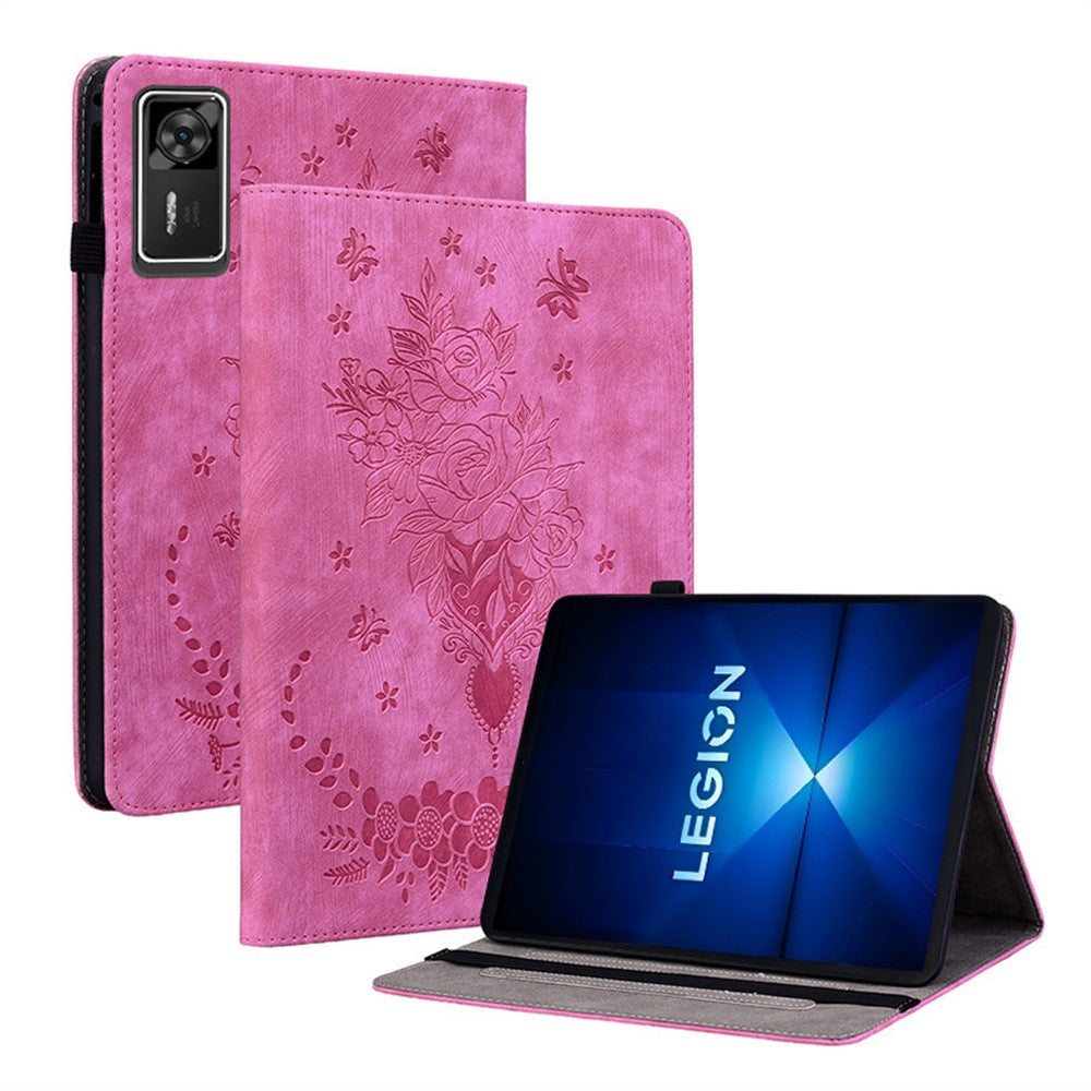 For Lenovo Legion Y700 Gen 4 Case Card Holder Anti-Scratch Leather Cover Rose Flower Imprint - Rose