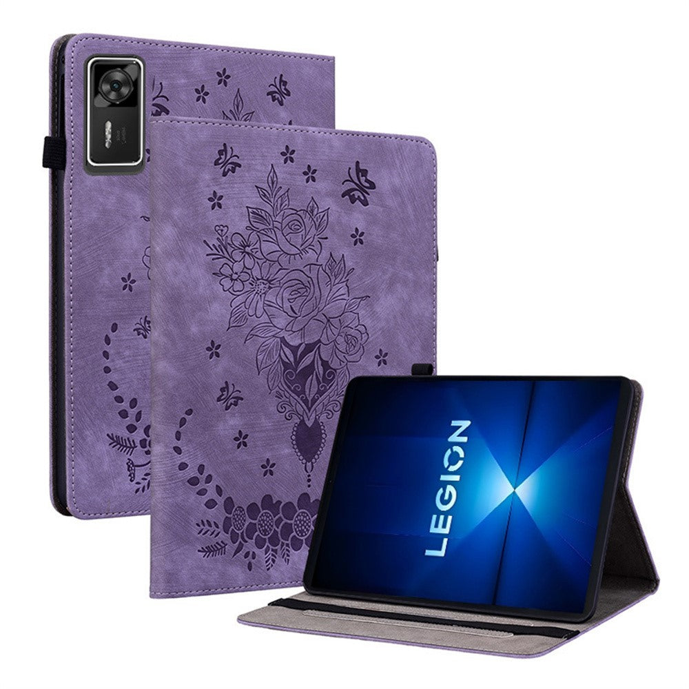 For Lenovo Legion Y700 Gen 4 Case Card Holder Anti-Scratch Leather Cover Rose Flower Imprint - Purple