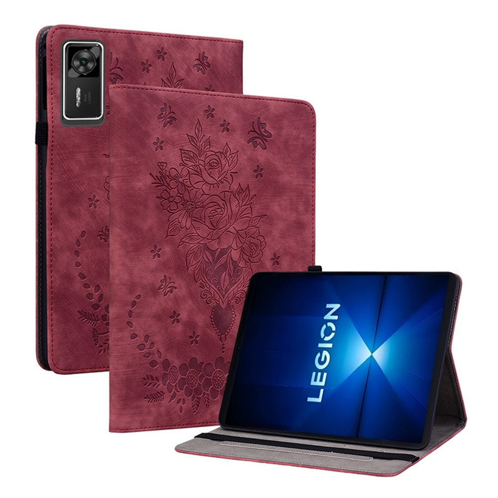 For Lenovo Legion Y700 Gen 4 Case Card Holder Anti-Scratch Leather Cover Rose Flower Imprint - Red