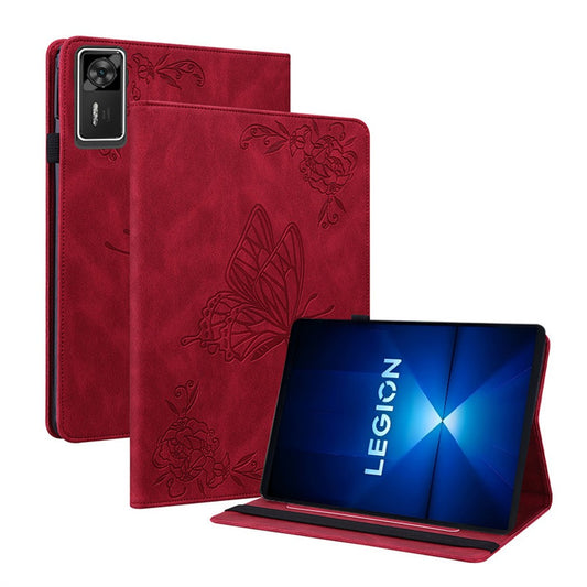 For Lenovo Legion Y700 Gen 4 Case Butterfly Flower Imprint PU Leather Tablet Cover with Card Slots - Red