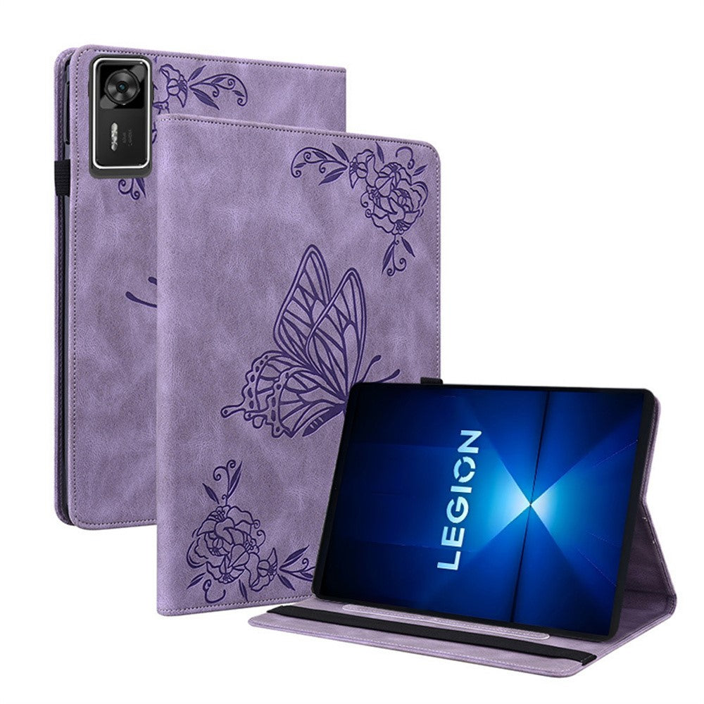 For Lenovo Legion Y700 Gen 4 Case Butterfly Flower Imprint PU Leather Tablet Cover with Card Slots - Purple