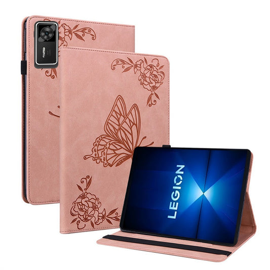 For Lenovo Legion Y700 Gen 4 Case Butterfly Flower Imprint PU Leather Tablet Cover with Card Slots - Pink