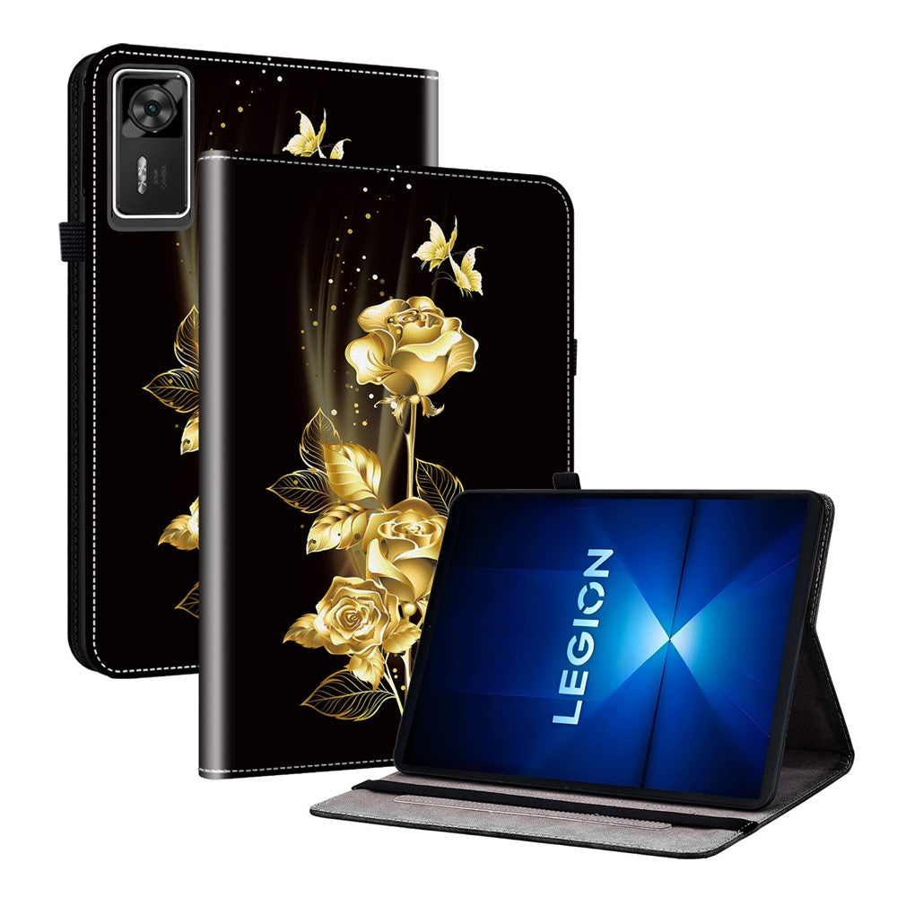 For Lenovo Legion Y700 Gen 4 Leather Case Pattern Printed Stand Tablet Cover with Card Slots - Gold Butterfly Rose