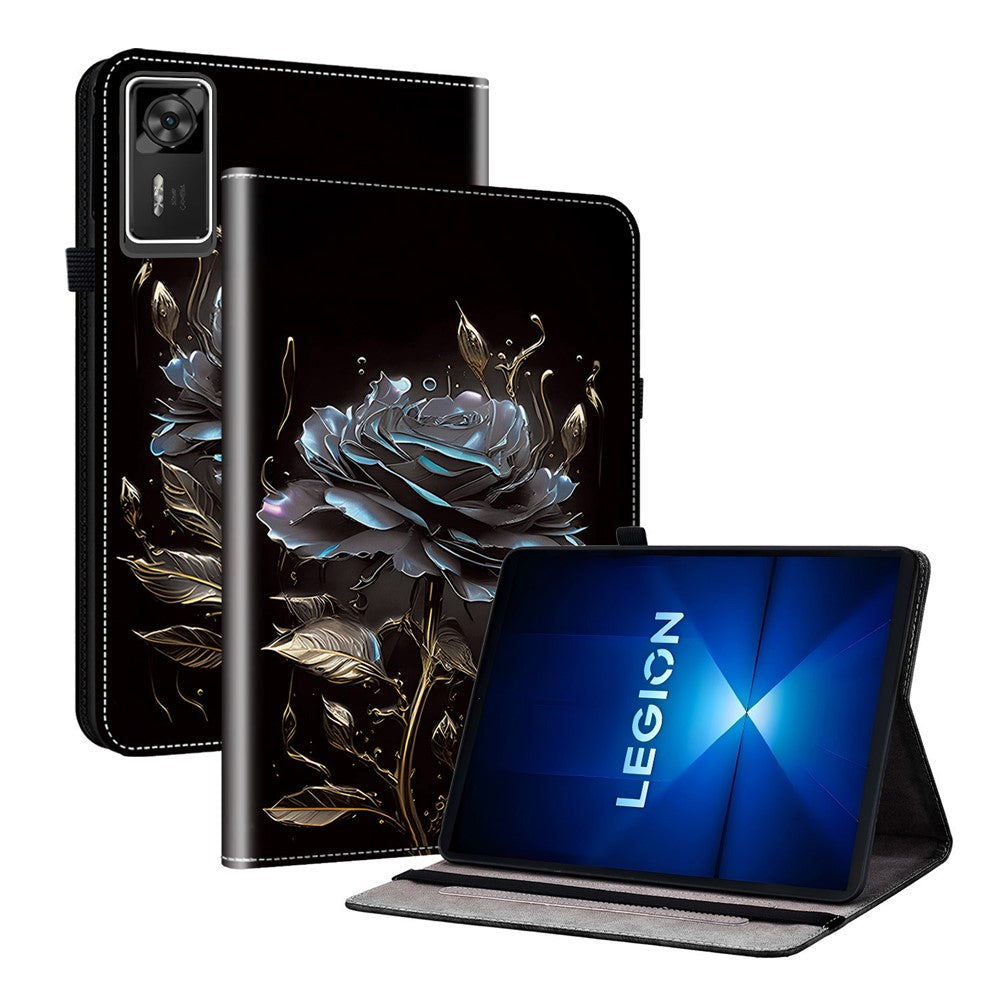 For Lenovo Legion Y700 Gen 4 Leather Case Pattern Printed Stand Tablet Cover with Card Slots - Black Rose