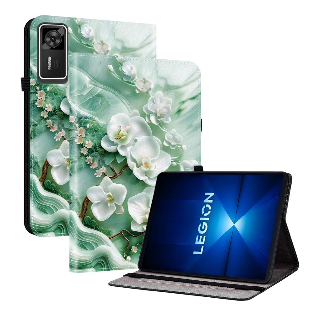 For Lenovo Legion Y700 Gen 4 Leather Case Pattern Printed Stand Tablet Cover with Card Slots - Jade Flower