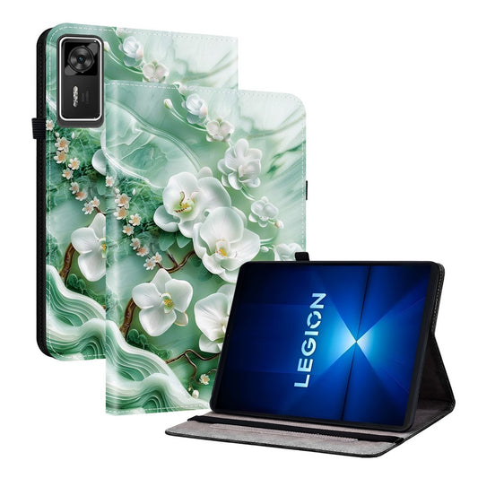 For Lenovo Legion Y700 Gen 4 Leather Case Pattern Printed Stand Tablet Cover with Card Slots - Jade Flower