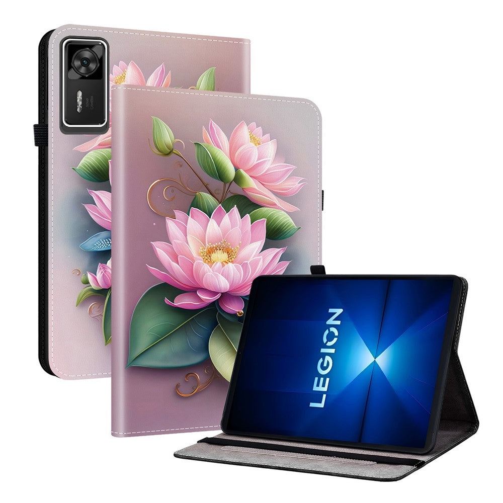 For Lenovo Legion Y700 Gen 4 Leather Case Pattern Printed Stand Tablet Cover with Card Slots - Lotus