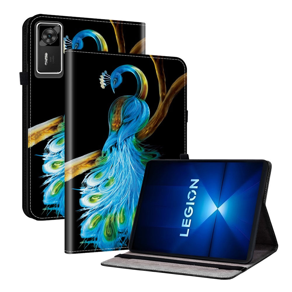 For Lenovo Legion Y700 Gen 4 Leather Case Pattern Printed Stand Tablet Cover with Card Slots - Peacock