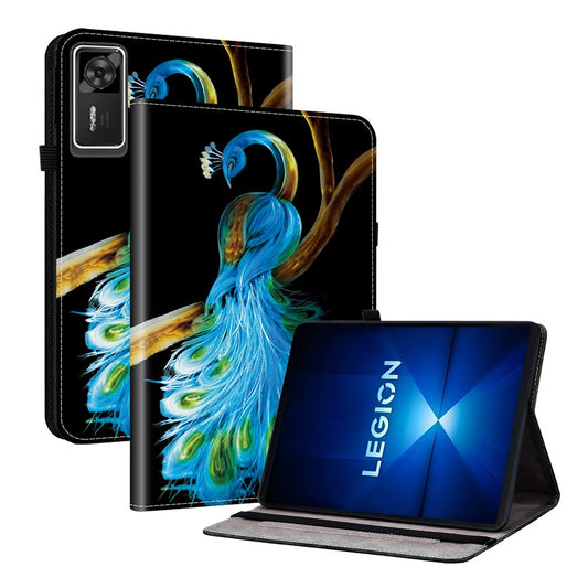 For Lenovo Legion Y700 Gen 4 Leather Case Pattern Printed Stand Tablet Cover with Card Slots - Peacock
