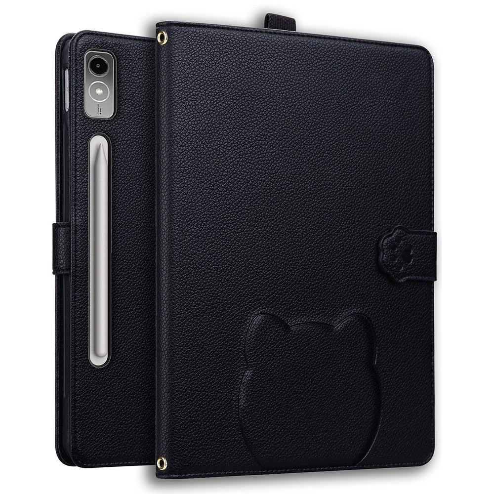 For Lenovo Tab P12 Case 3D Effect Cat Pattern Leather Stand Table Cover with Wallet, Stylus Holder - Black