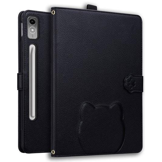 For Lenovo Tab P12 Case 3D Effect Cat Pattern Leather Stand Table Cover with Wallet, Stylus Holder - Black