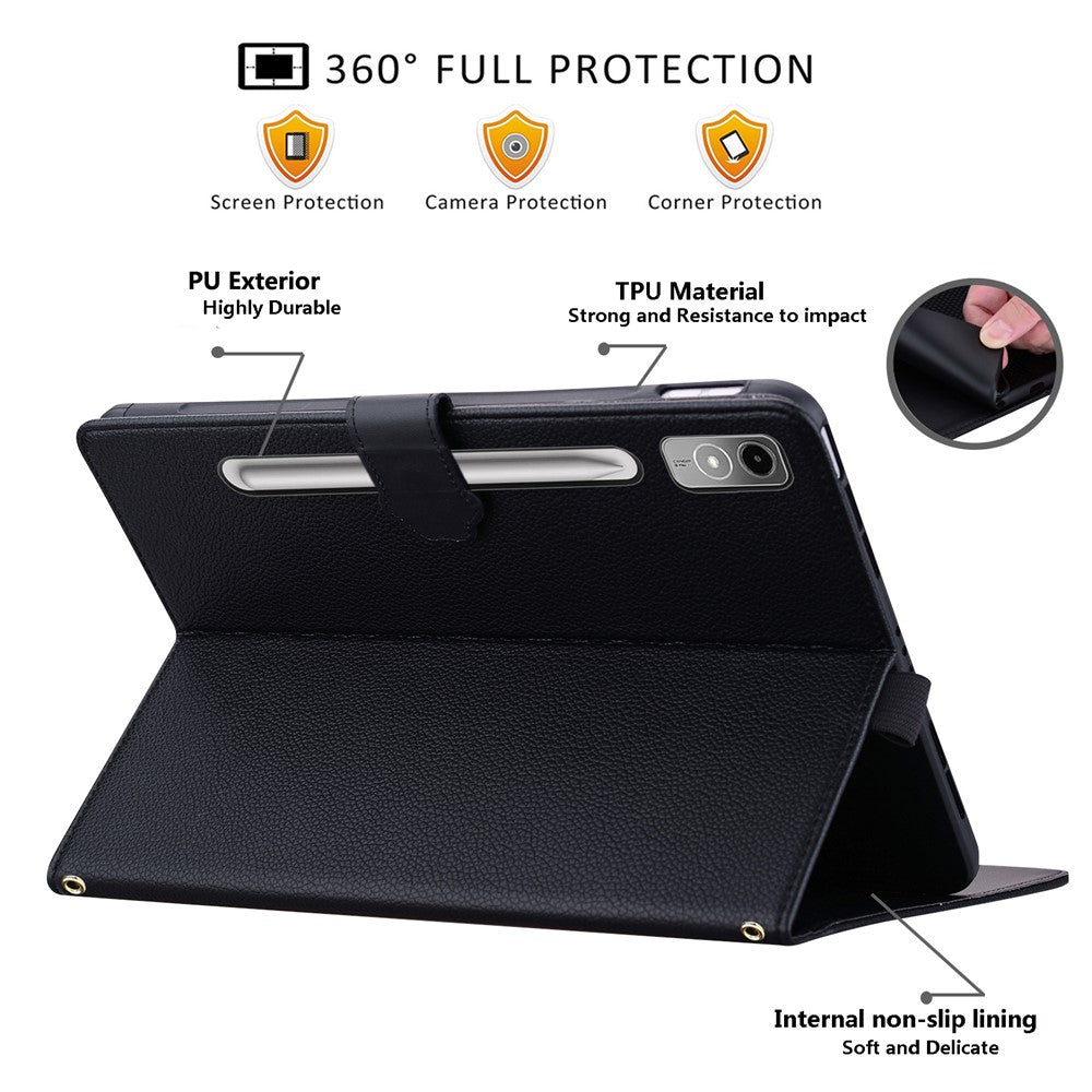 For Lenovo Tab P12 Case 3D Effect Cat Pattern Leather Stand Table Cover with Wallet, Stylus Holder - Black