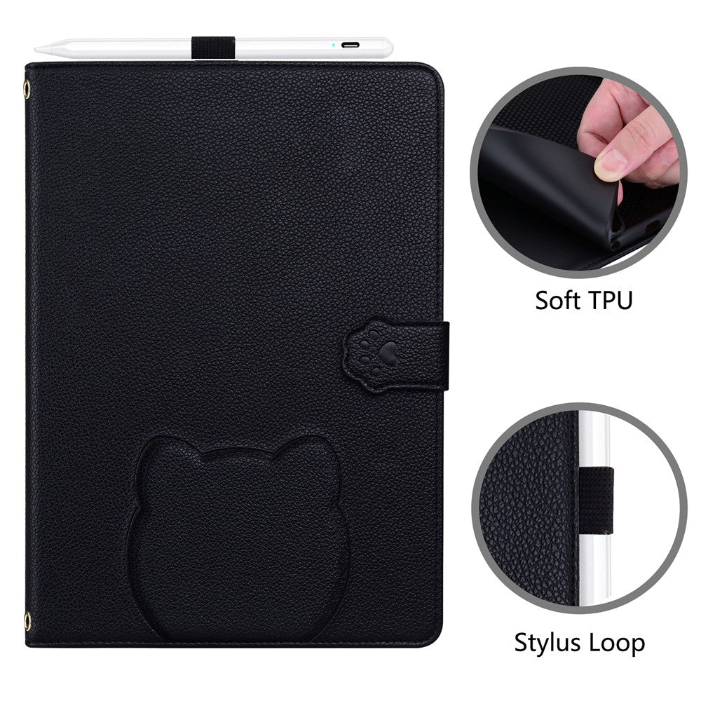 For Lenovo Tab P12 Case 3D Effect Cat Pattern Leather Stand Table Cover with Wallet, Stylus Holder - Black