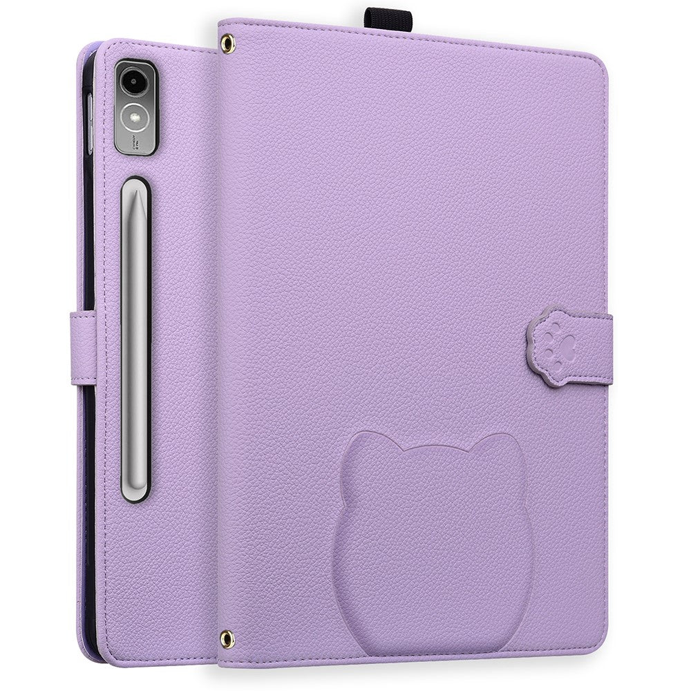 For Lenovo Tab P12 Case 3D Effect Cat Pattern Leather Stand Table Cover with Wallet, Stylus Holder - Purple