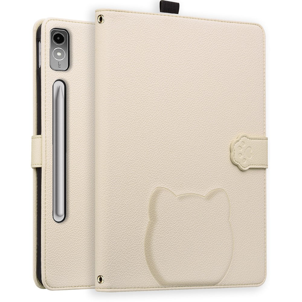 For Lenovo Tab P12 Case 3D Effect Cat Pattern Leather Stand Table Cover with Wallet, Stylus Holder - Apricot