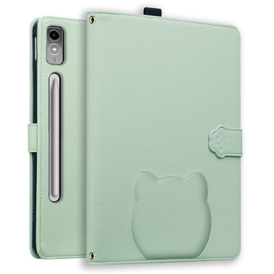 For Lenovo Tab P12 Case 3D Effect Cat Pattern Leather Stand Table Cover with Wallet, Stylus Holder - Green
