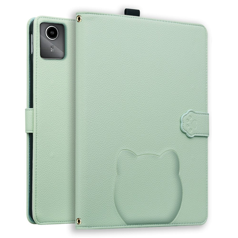 Wallet Case for Lenovo Xiaoxin Pad 2025 / Tab K11 Gen 2 / M11 Leather Stand Table Cover with Stylus Holder, 3D Effect Cat Pattern - Green