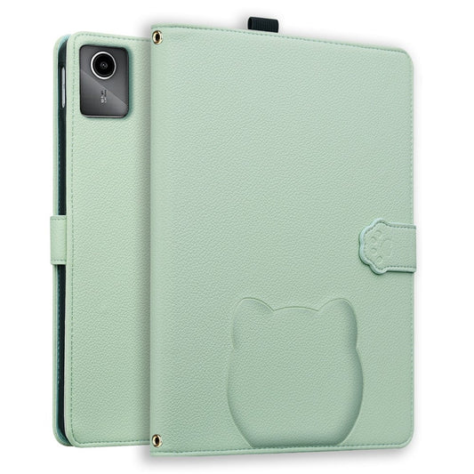 Wallet Case for Lenovo Xiaoxin Pad 2025 / Tab K11 Gen 2 / M11 Leather Stand Table Cover with Stylus Holder, 3D Effect Cat Pattern - Green