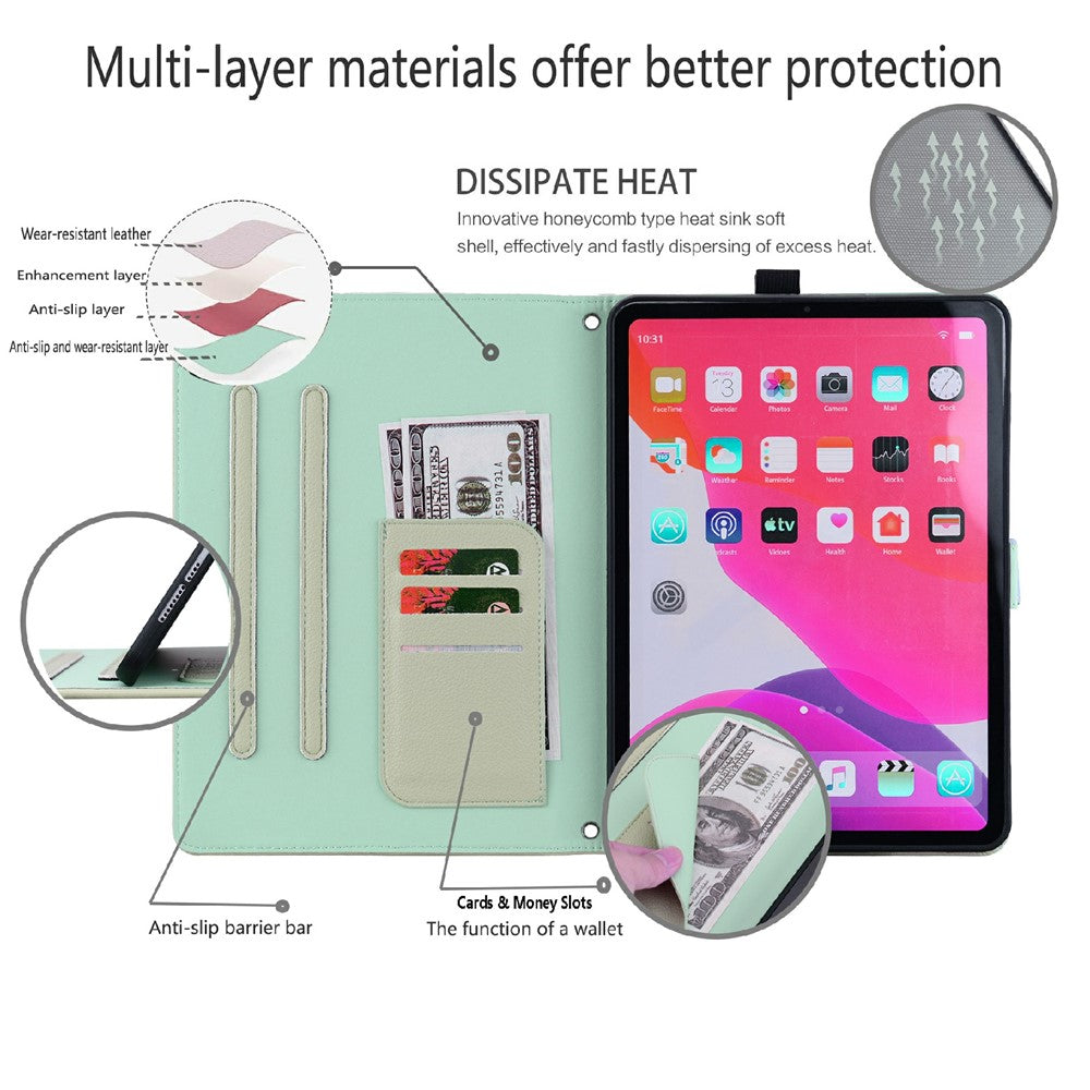 Wallet Case for Lenovo Xiaoxin Pad 2025 / Tab K11 Gen 2 / M11 Leather Stand Table Cover with Stylus Holder, 3D Effect Cat Pattern - Green