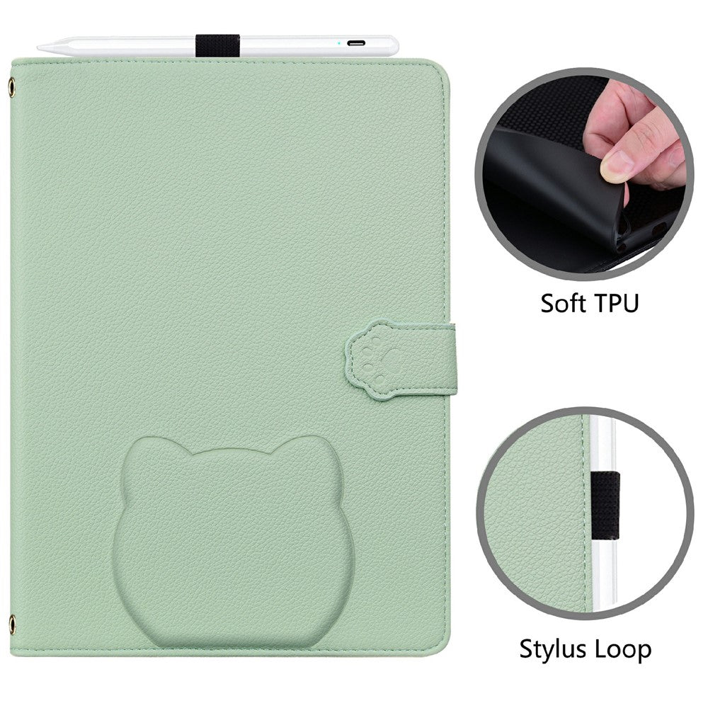 Wallet Case for Lenovo Xiaoxin Pad 2025 / Tab K11 Gen 2 / M11 Leather Stand Table Cover with Stylus Holder, 3D Effect Cat Pattern - Green