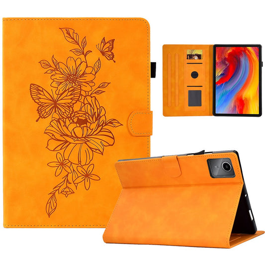 For Lenovo Xiaoxin Pad 11 2025 Case Flower Butterfly Imprinted Card Slots Leather Cover - Khaki