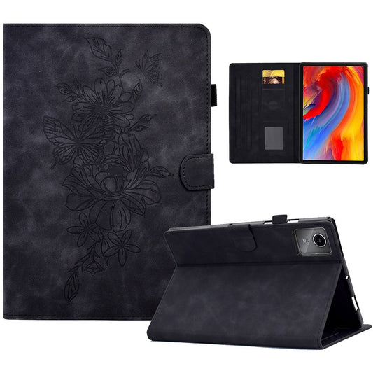 For Lenovo Xiaoxin Pad 11 2025 Case Flower Butterfly Imprinted Card Slots Leather Cover - Black