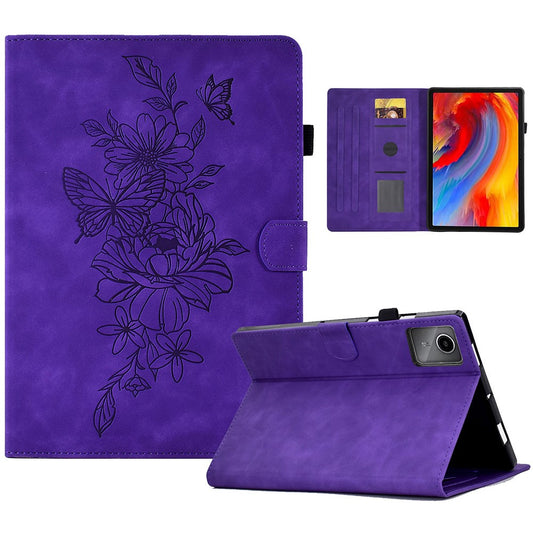For Lenovo Xiaoxin Pad 11 2025 Case Flower Butterfly Imprinted Card Slots Leather Cover - Purple