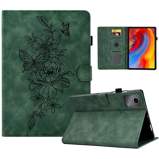 For Lenovo Xiaoxin Pad 11 2025 Case Flower Butterfly Imprinted Card Slots Leather Cover - Green