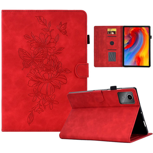 For Lenovo Xiaoxin Pad 11 2025 Case Flower Butterfly Imprinted Card Slots Leather Cover - Red