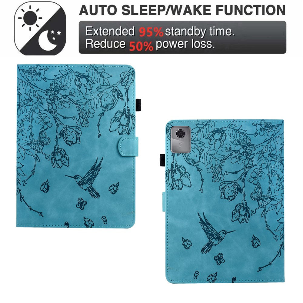 For Lenovo Xiaoxin Pad 11 2025 Case Flower Bird Imprinted Card Holder Leather Tablet Cover - Baby Blue