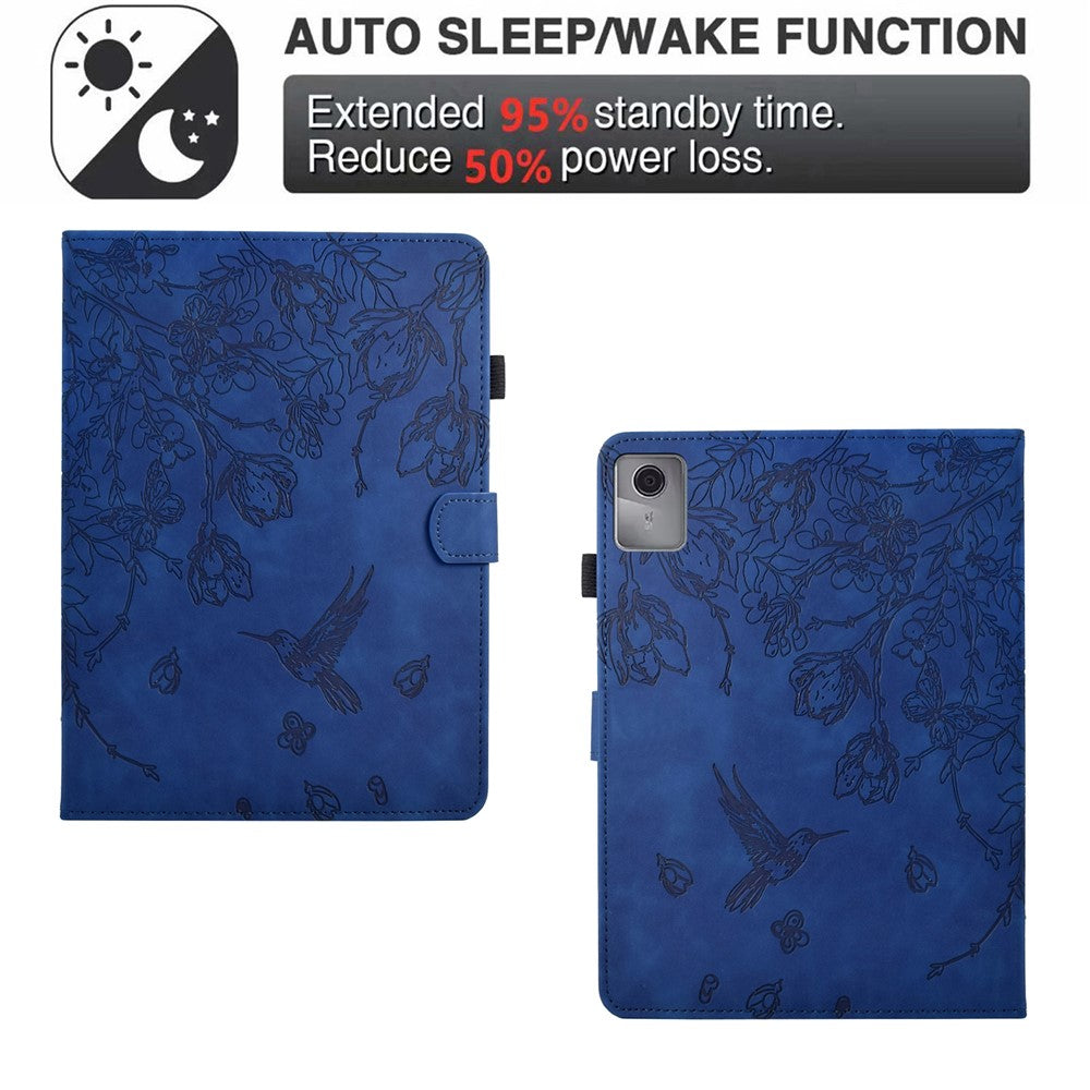 For Lenovo Xiaoxin Pad 11 2025 Case Flower Bird Imprinted Card Holder Leather Tablet Cover - Dark Blue