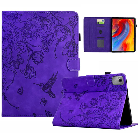 For Lenovo Xiaoxin Pad 11 2025 Case Flower Bird Imprinted Card Holder Leather Tablet Cover - Purple