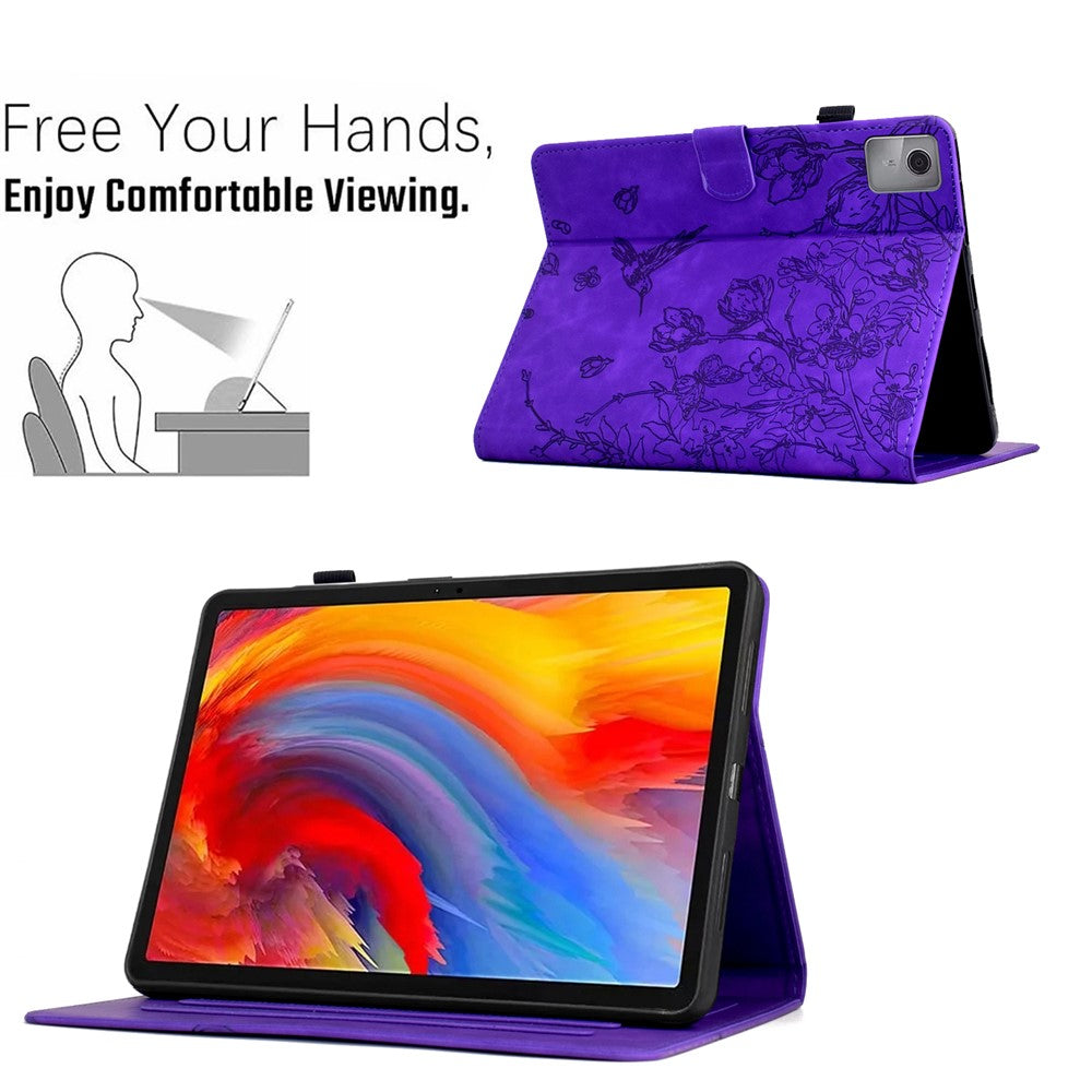 For Lenovo Xiaoxin Pad 11 2025 Case Flower Bird Imprinted Card Holder Leather Tablet Cover - Purple