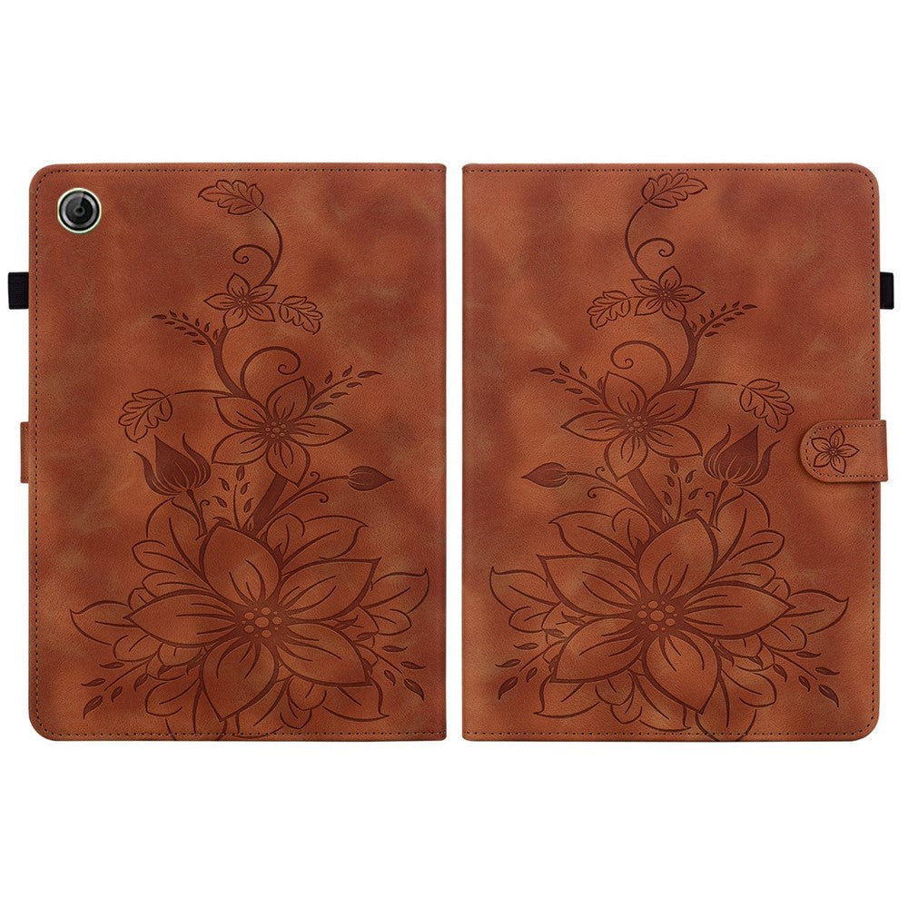 For Lenovo Tab K9 Case Lily Flower Imprint Card Slots Leather Tablet Cover - Brown