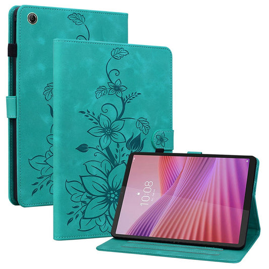 For Lenovo Tab K9 Case Lily Flower Imprint Card Slots Leather Tablet Cover - Green