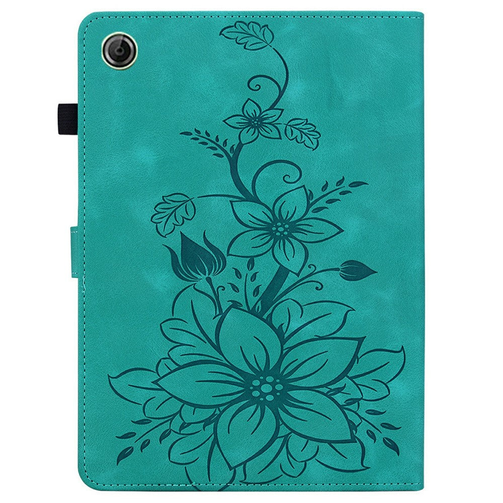 For Lenovo Tab K9 Case Lily Flower Imprint Card Slots Leather Tablet Cover - Green
