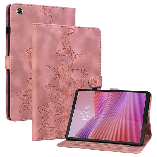 For Lenovo Tab K9 Case Lily Flower Imprint Card Slots Leather Tablet Cover - Pink