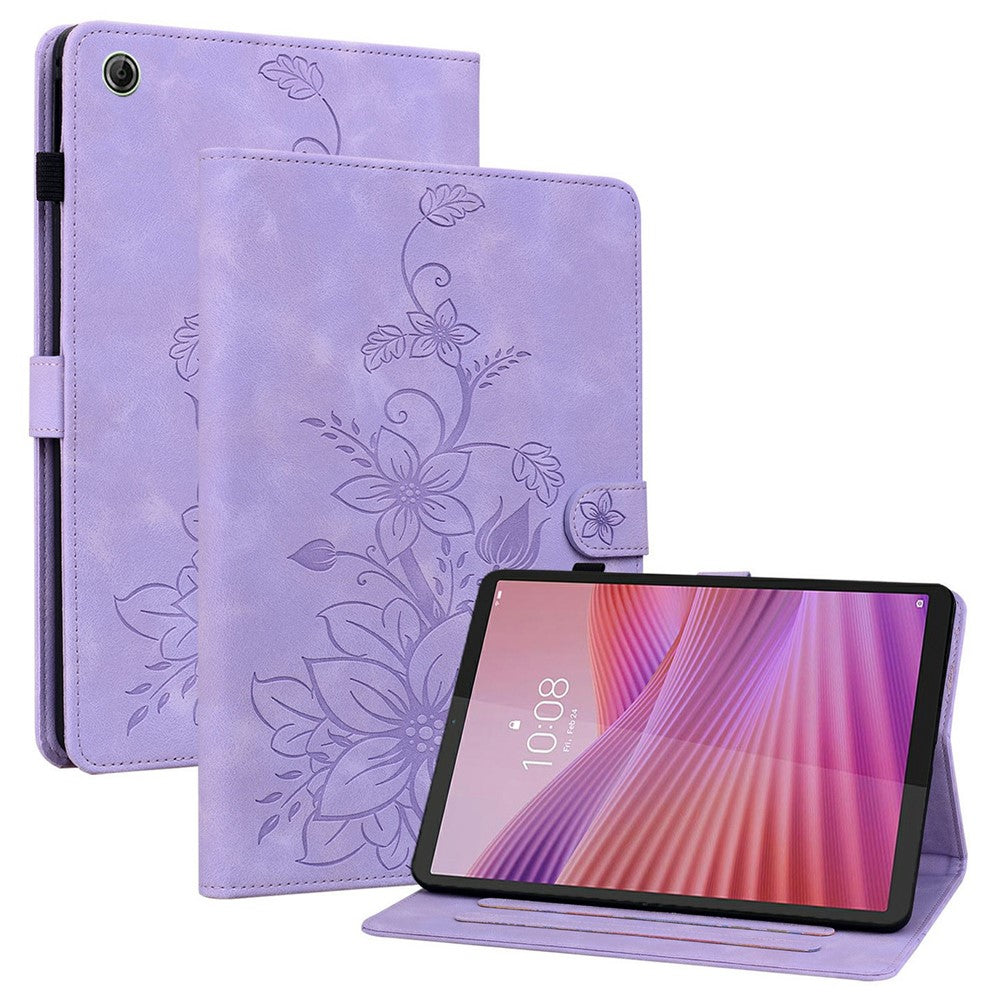 For Lenovo Tab K9 Case Lily Flower Imprint Card Slots Leather Tablet Cover - Purple