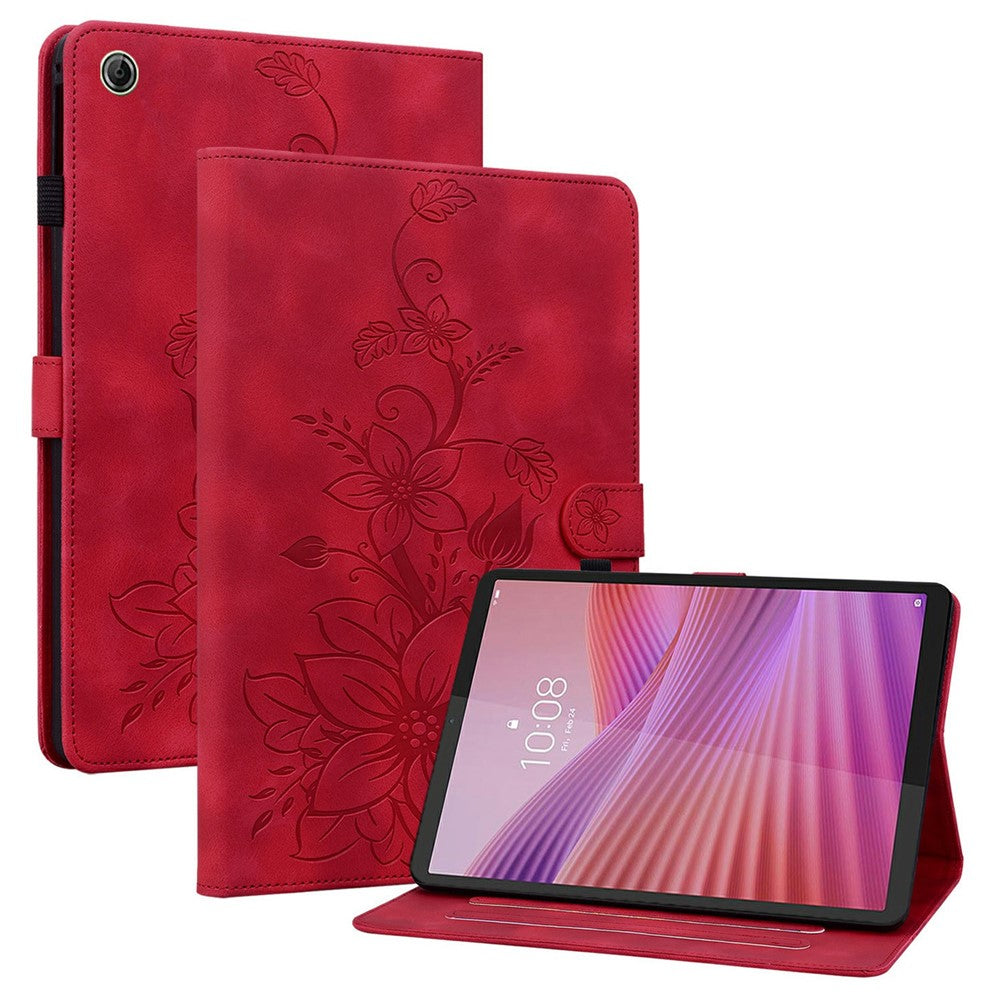 For Lenovo Tab K9 Case Lily Flower Imprint Card Slots Leather Tablet Cover - Red