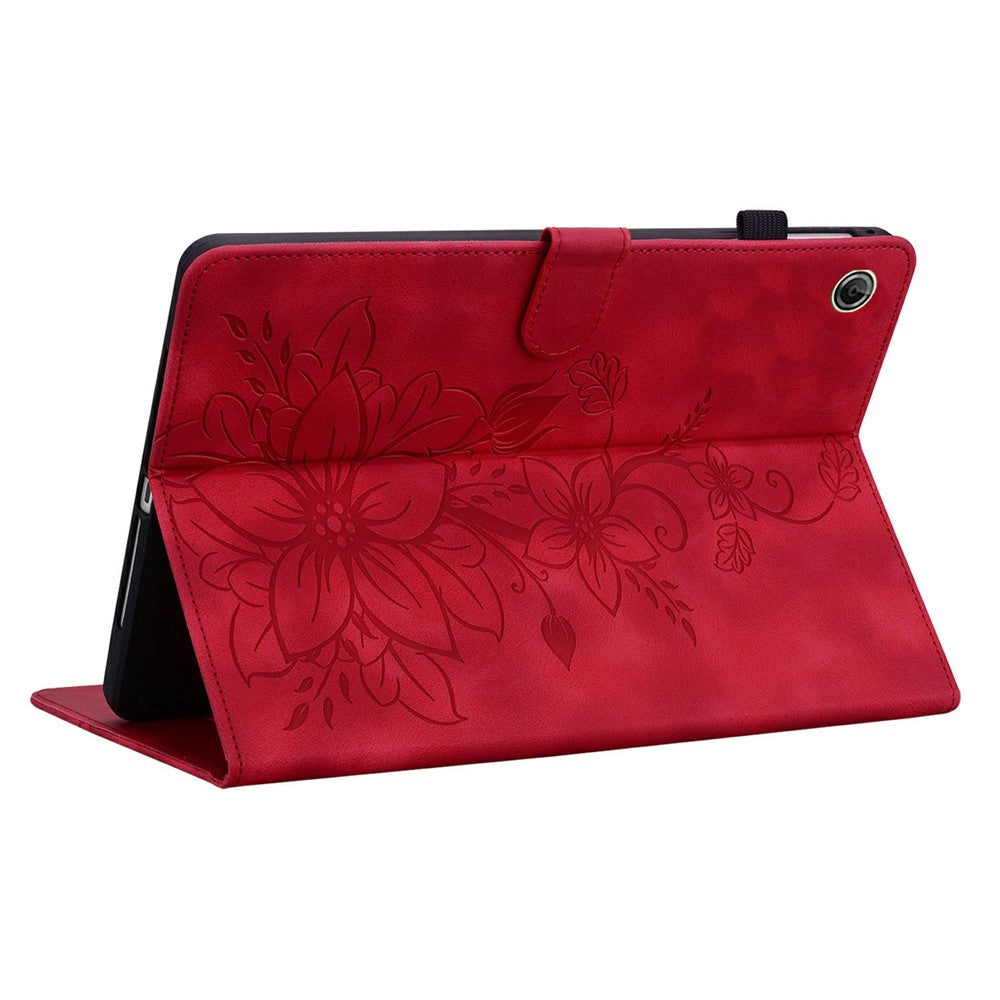 For Lenovo Tab K9 Case Lily Flower Imprint Card Slots Leather Tablet Cover - Red