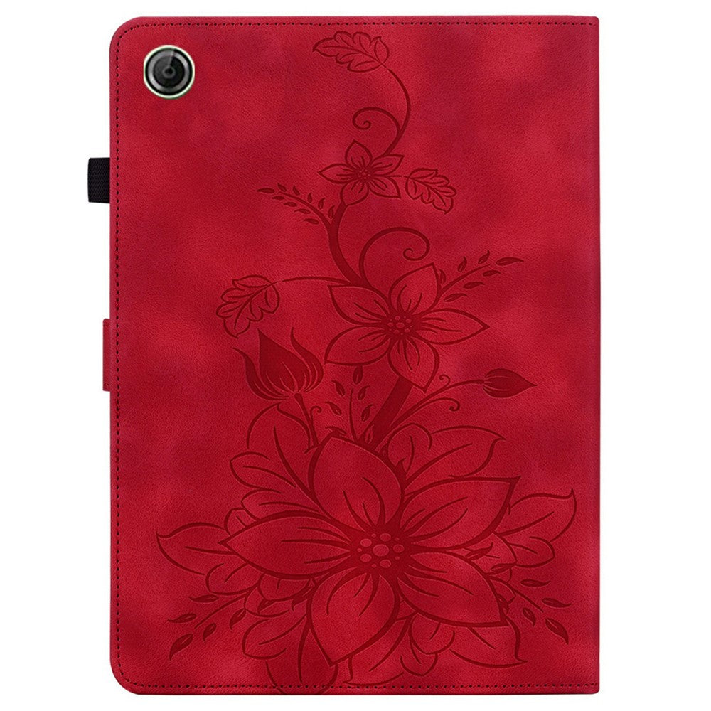 For Lenovo Tab K9 Case Lily Flower Imprint Card Slots Leather Tablet Cover - Red