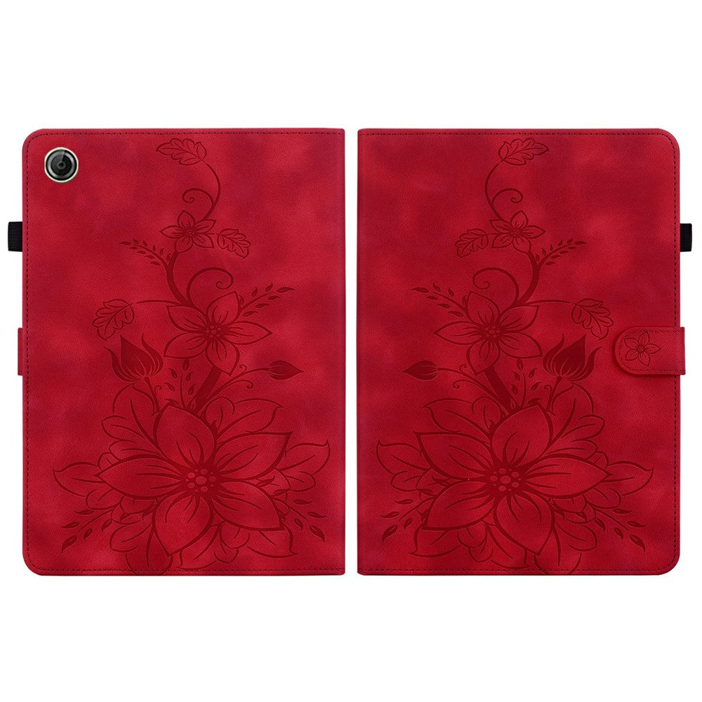 For Lenovo Tab K9 Case Lily Flower Imprint Card Slots Leather Tablet Cover - Red