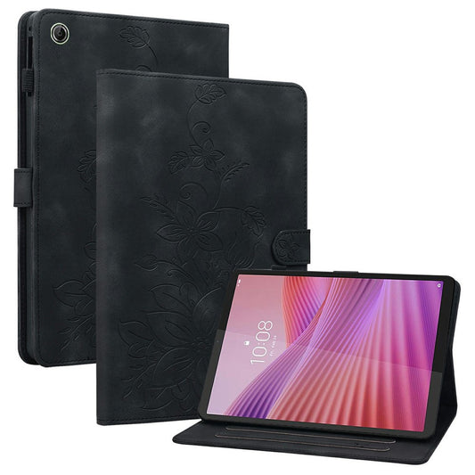 For Lenovo Tab K9 Case Lily Flower Imprint Card Slots Leather Tablet Cover - Black