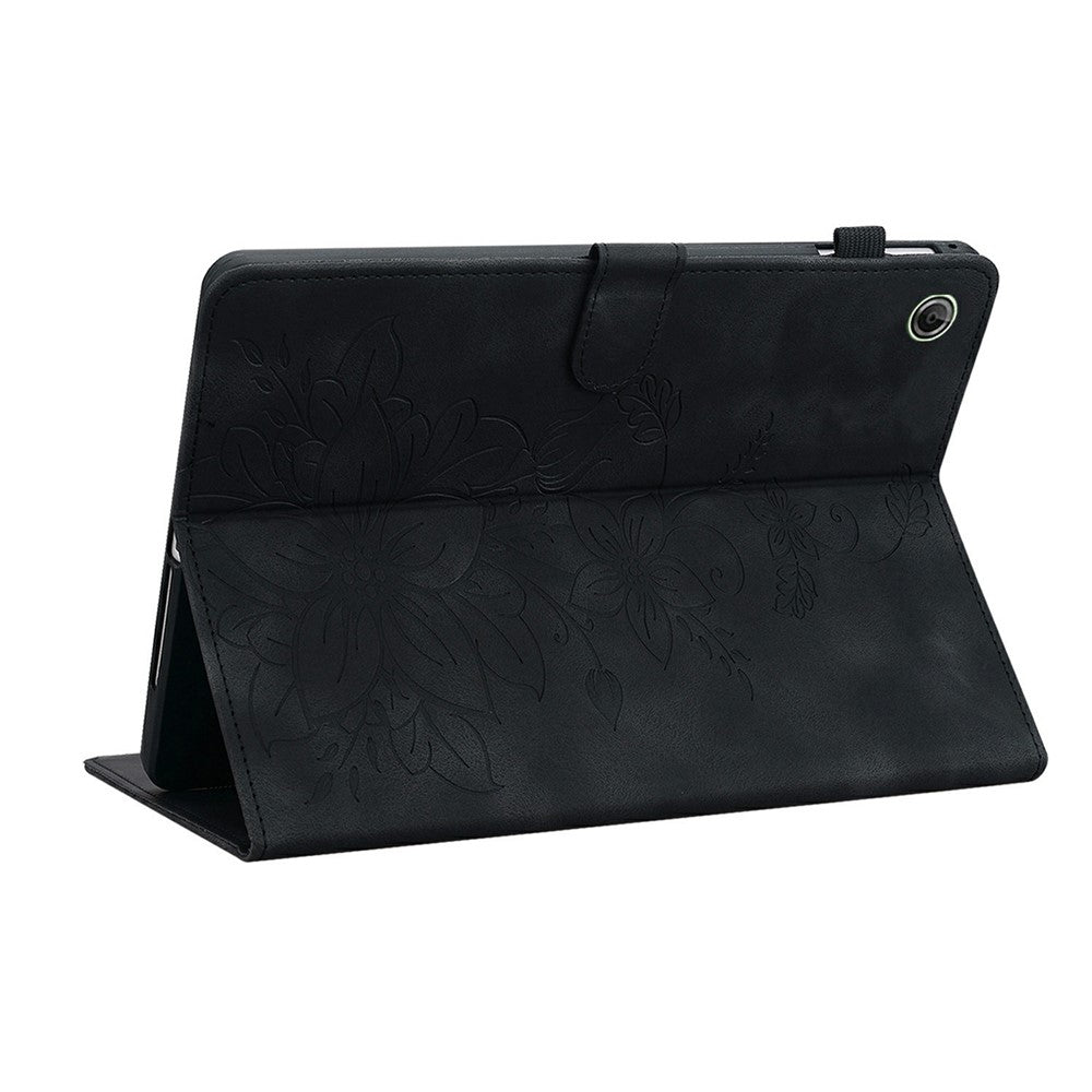 For Lenovo Tab K9 Case Lily Flower Imprint Card Slots Leather Tablet Cover - Black