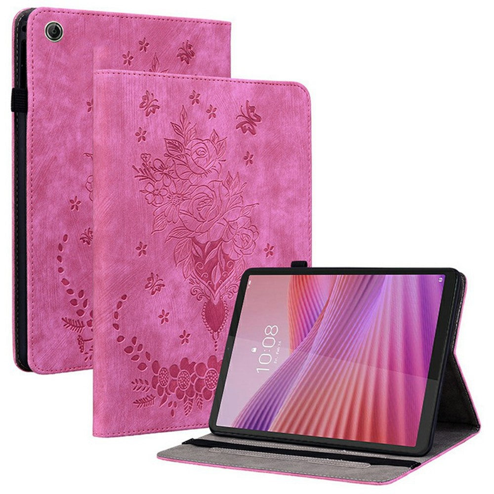 For Lenovo Tab K9 Case Card Holder Anti-Scratch Leather Cover Rose Flower Imprint - Rose