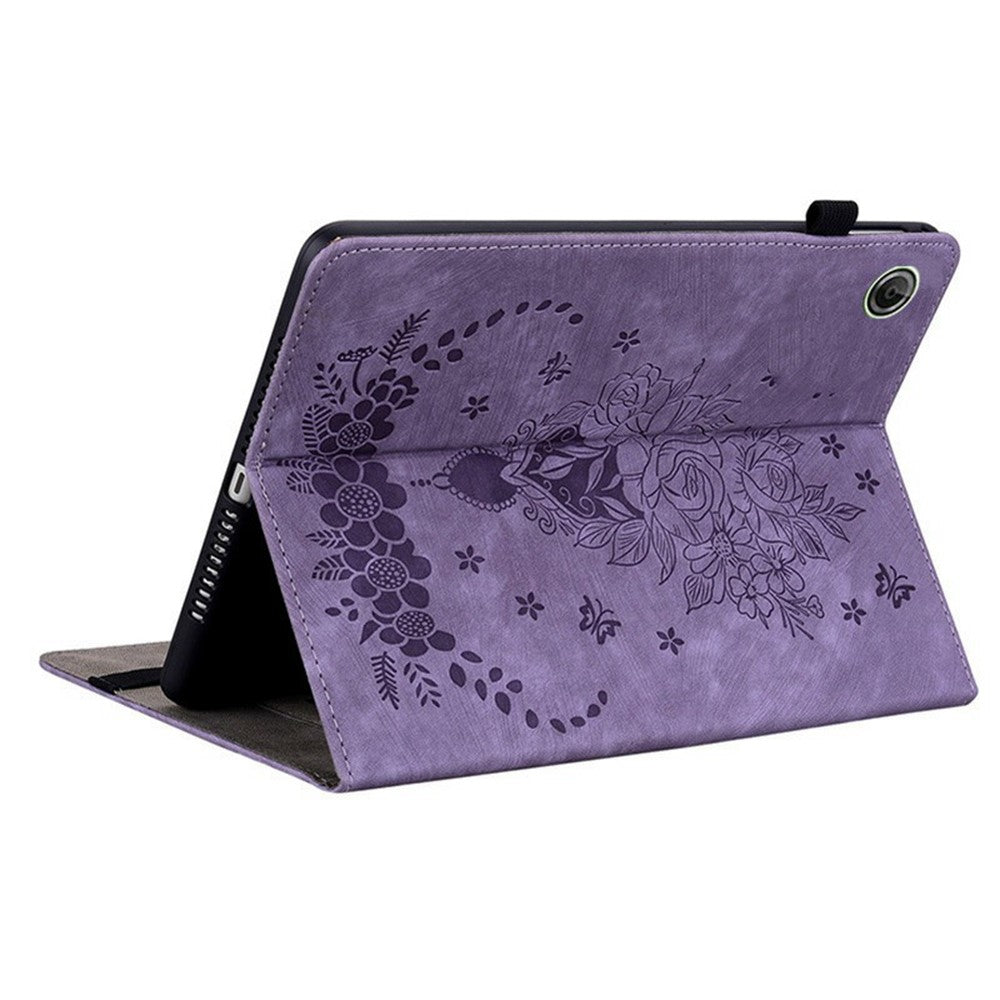 For Lenovo Tab K9 Case Card Holder Anti-Scratch Leather Cover Rose Flower Imprint - Purple